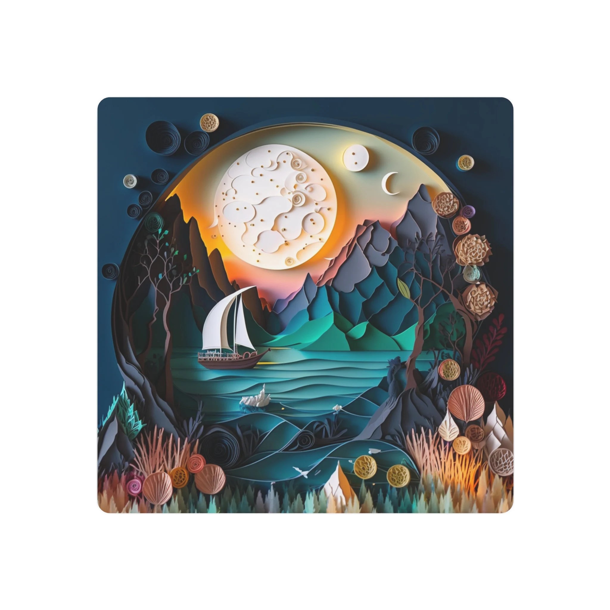 Serenity at Sea: Majestic Mountain and Moon Metal Art Sign