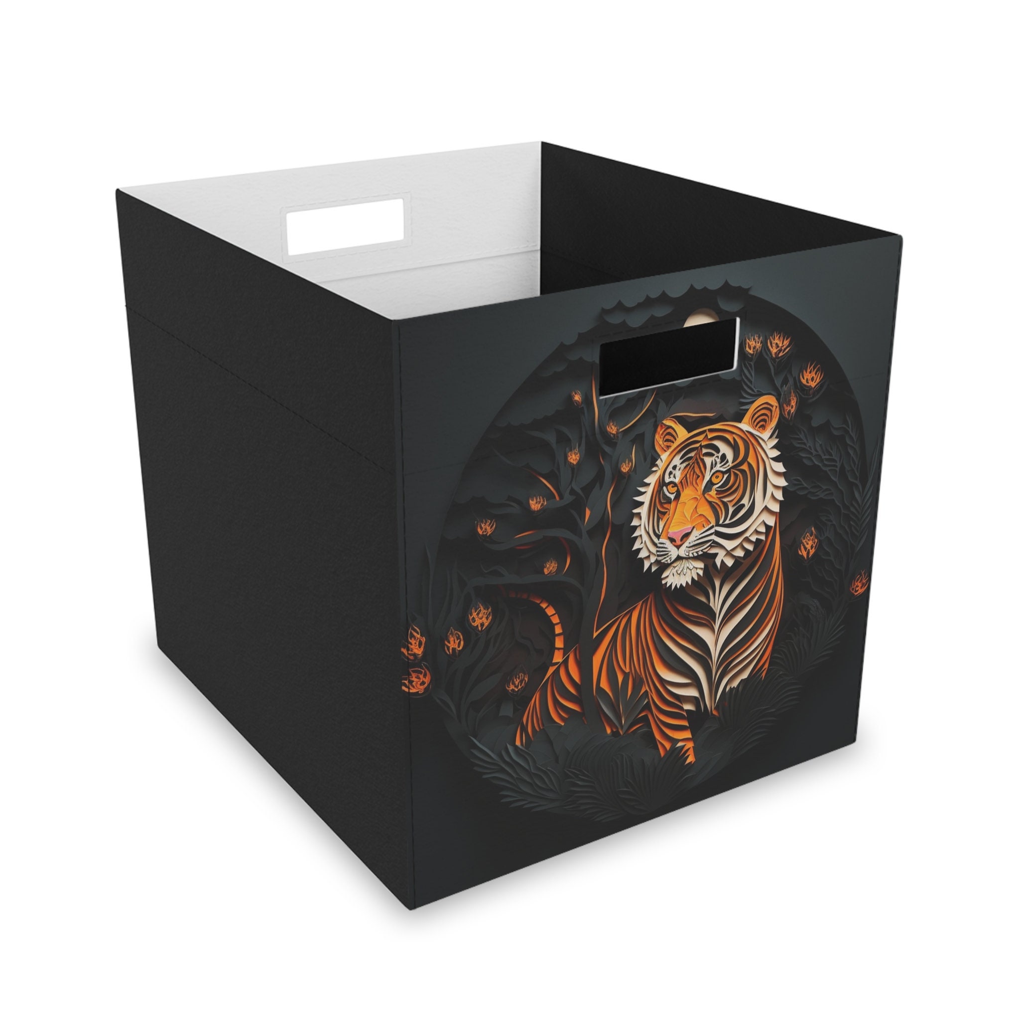 Enhance Your Space with Eco-Friendly Style: Premium Black Felt Storage Cube with Artistic Tiger Design