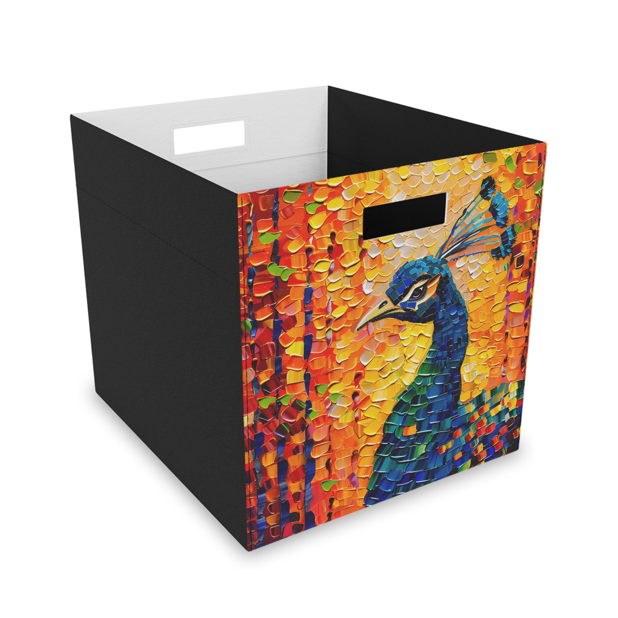 **Vibrant Felt Storage Box featuring a Peacock Design**