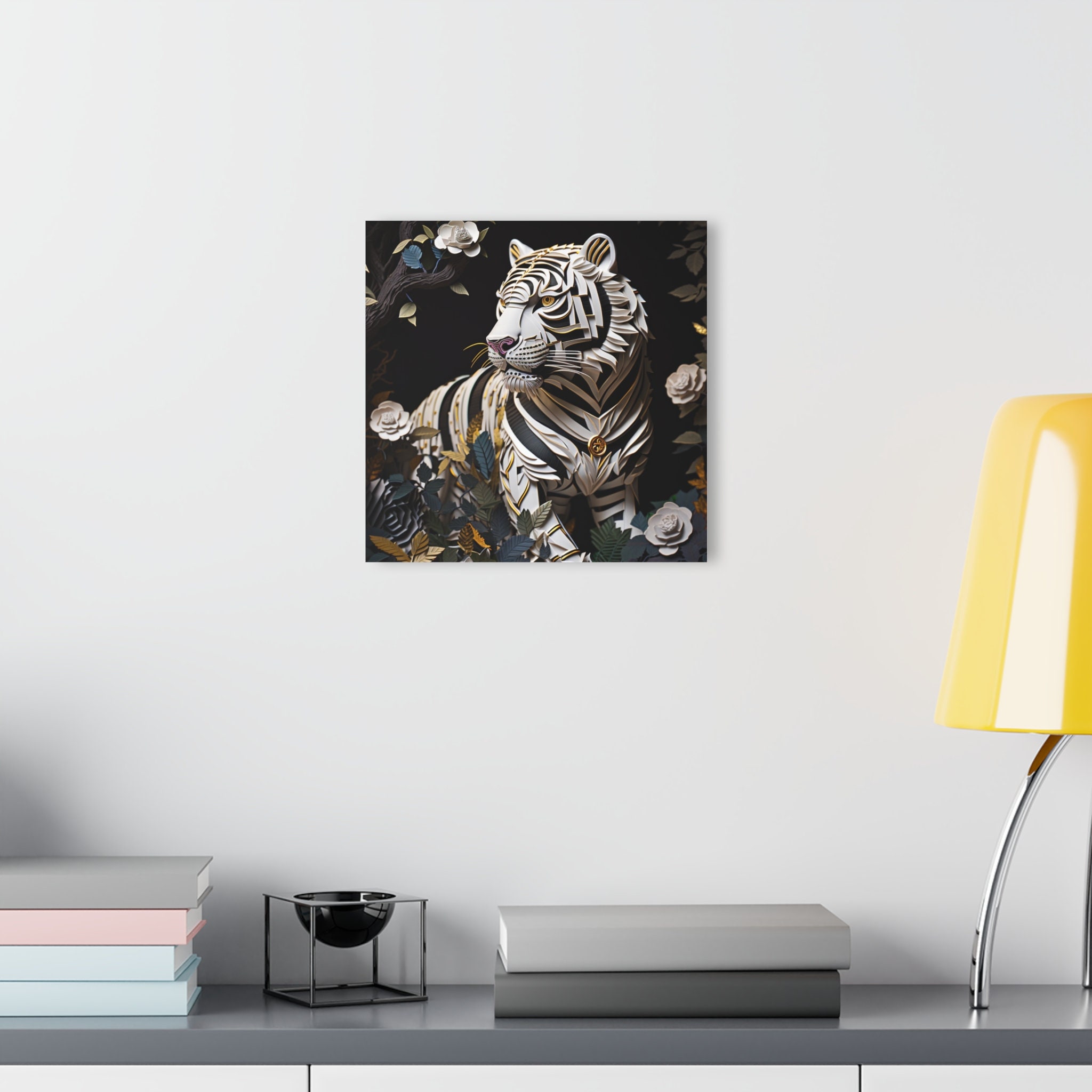 A Jungle Masterpiece: Majestic White Tiger Paper Quilled Print Acrylic Art