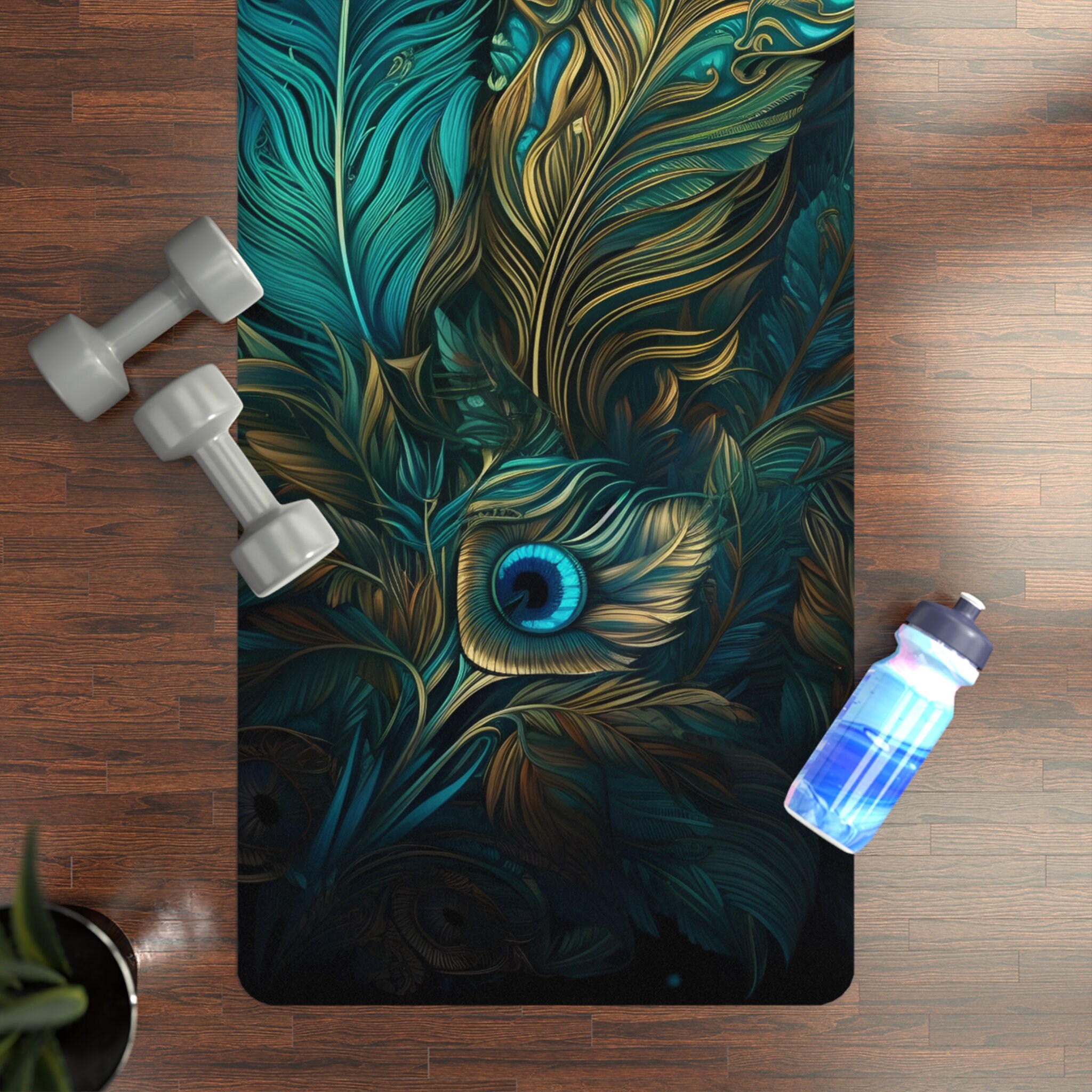 Eco-Friendly Rectangular Rubber Yoga Mat with Peacock Feather Design